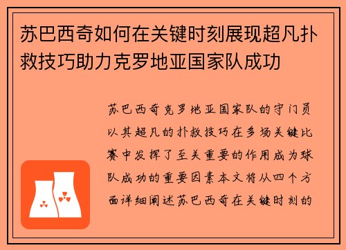 苏巴西奇如何在关键时刻展现超凡扑救技巧助力克罗地亚国家队成功